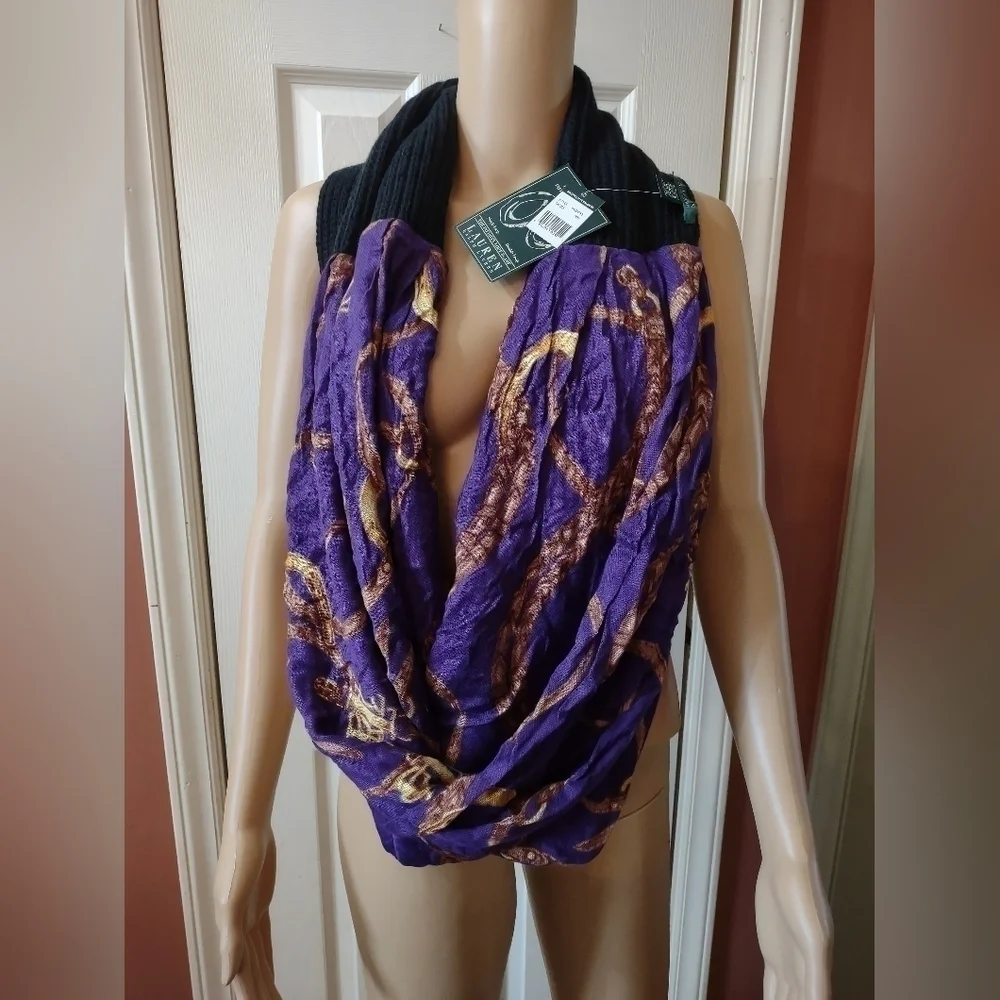 Lauren Ralph Lauren Infinity Loop Scarf Purple Gold Chain Print NWT